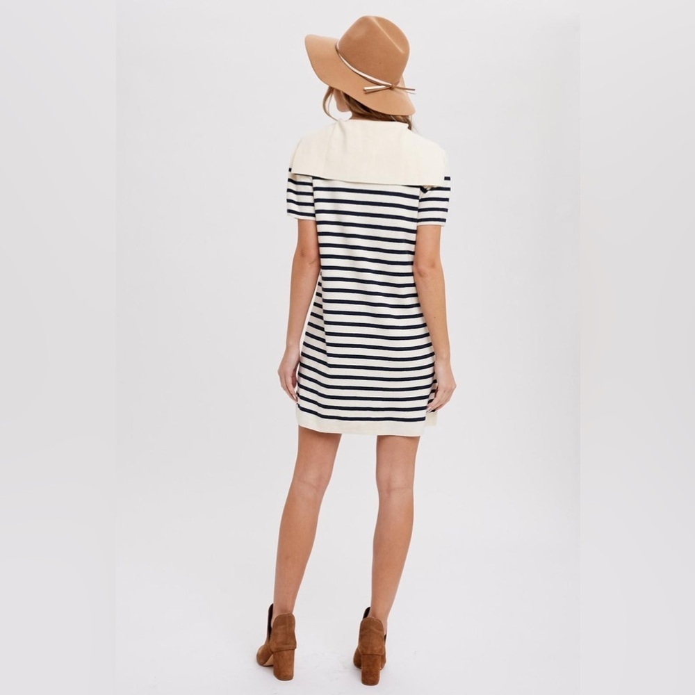 Zara Striped Knit Mini Dress Small Sailor Lapel Collar Pockets Cream Navy Costal - Picture 4 of 16